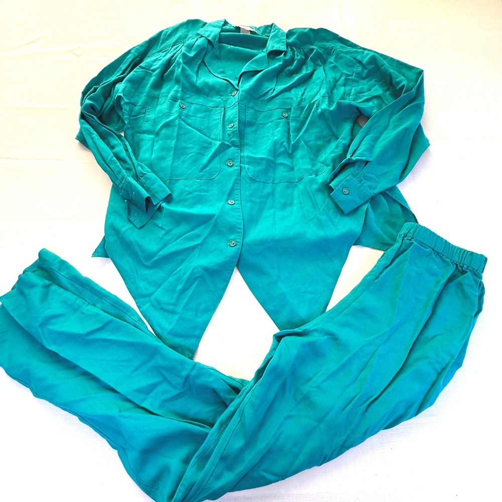 Vintage Michael Blair Rayon Two Piece Set Teal Made‎ In USA 90s Lounge Outfit